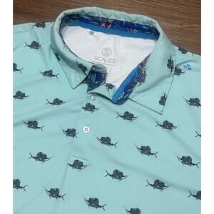 Scales Performance Stretch Golf Activewear Teal Polo Shirt Swordfish AOP Sz L
